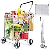 Folding Shopping Cart with Double Baskets, Collapsible Grocery Rolling Utility Cart on Wheels, Metal Trolley with Mesh Bottom, Compact Lightweight Wagon for Groceries, Camping, Luggage, Laundry