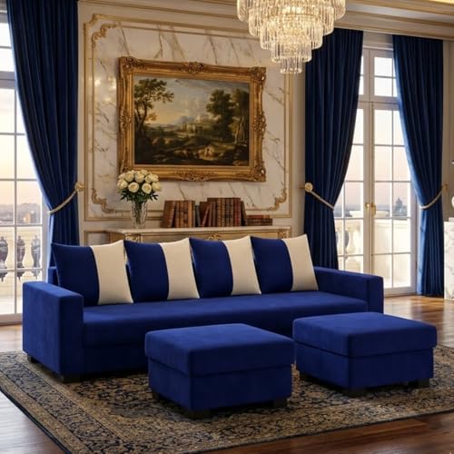 Image of SOCOZI Braviza 6 Seater L Shape Sofa Set with 2 Movable Ottomans | Flexible Layout | Soft Velvet Suede Fabric | Modern Design | Plush Comfort Cushions for Living Room (Dark Blue-Cream)