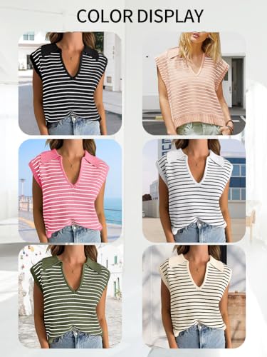 Women's Casual Sleeveless Striped Pullover Sweaters V Neck Lapel Sweater Vests 2025 Fall Clothes4