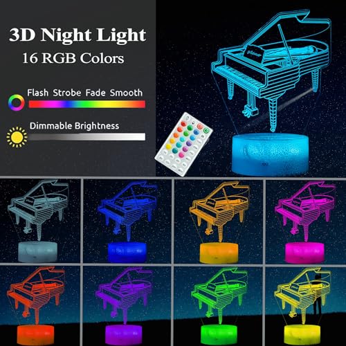 Image of Piano Night Light, Instrument Gifts, Piano 3D Illusion Lamp with 16 Colors Changing, Timer, 4 Flash Modes and Dimmable, Kids Boys Girls Room Decoration, Holiday Xmas Music Gifts
