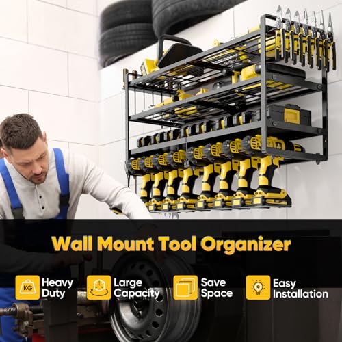 POKIPO Large Power Tool Organizer Wall Mount, Heavy Duty Widen Drill Holder, 4 Layers Cordless Tool Storage Rack, Utility Racks Shelf for Garage