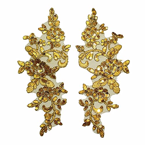 SUNMOVE Pair of Embroidery Sequin Lace Applique Sewing Flower Fabric Collar Patch Motif Wedding Gown Dress Bridal DIY Crafts ?Gold?