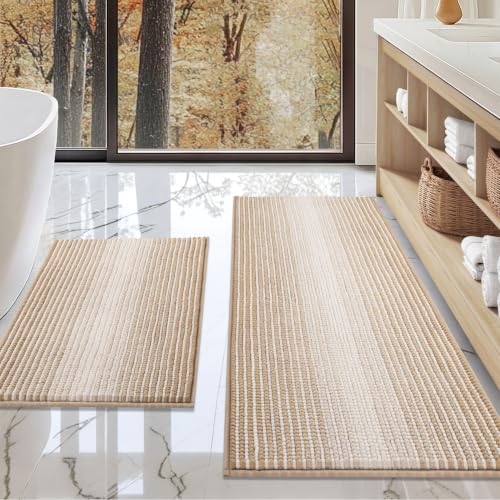 BSICPRO Bathroom Rugs and Mats Sets 2 Piece Thick Absorbent Chenille Bath Mat Rug Set Non Slip Soft Shaggy Bath Floor Mats for Bathroom Machine Washable (20 x 47 Plus 16 x 24 Beige)