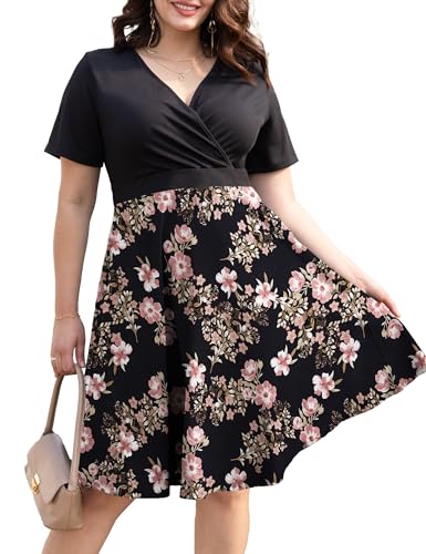 Image of Ahlaray Plus Size Faux Wrap Dress for Curvy Women with Pockets | Flattering faux wrap V-neck with soft stretch fabric and pockets for work, weddings and everyday comfort.