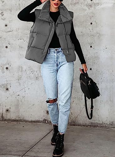 Dokotoo Women's Casual Winter Puffer Vest Sleeveless Cropped Outerwear Warm Lightweight Stand Collar Down Coats with Pockets4