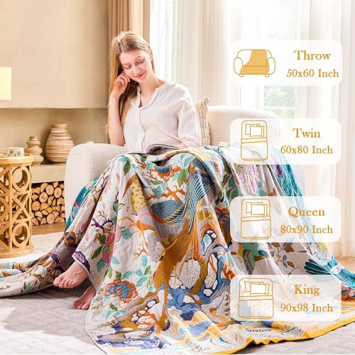 Image of XIBLC Fall Throw Blanket for Couch, Yellow Boho Decorative Throw Blanket, 100% Cotton Muslin Breathable Woven Farmhouse Blankets Quilt, 50 inchx60 inch Reversible Lightweight Blankets Bohemian Throw Quilt