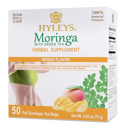 Hyleys Moringa Oleifera and Green Tea Mango Flavor – 50 Tea Bags – Superfood Miracle Tree Tea with Dried Moringa Oleifera Leaves