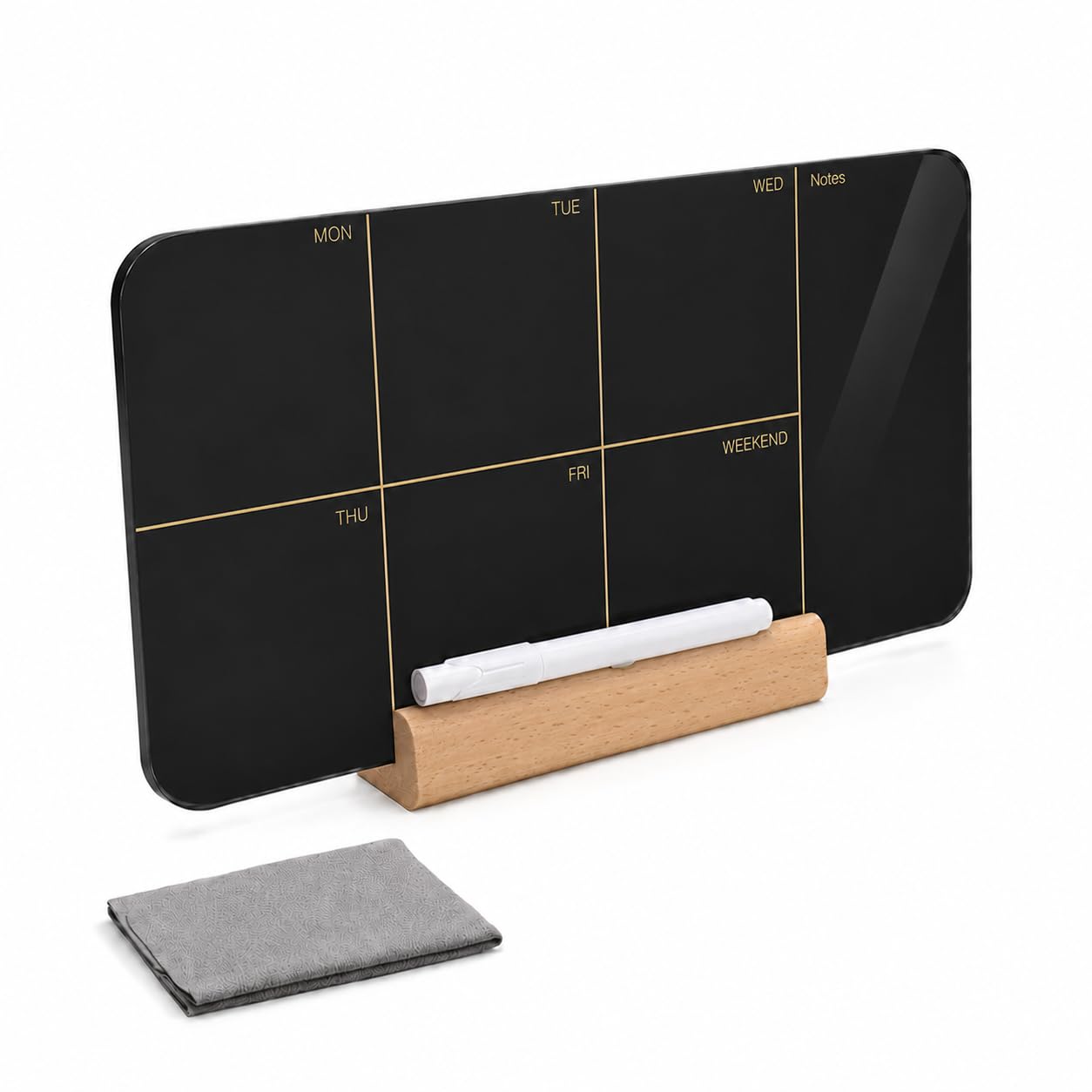WALLFID Weekly Planner,Weekly Planner Whiteboard 30 x 15 cm (11.8 x 5.9 inch),Fridge Memo Board,Desk Whiteboard,Black Acrylic Board with White Marker,Planning Sheet with Stand(Black)
