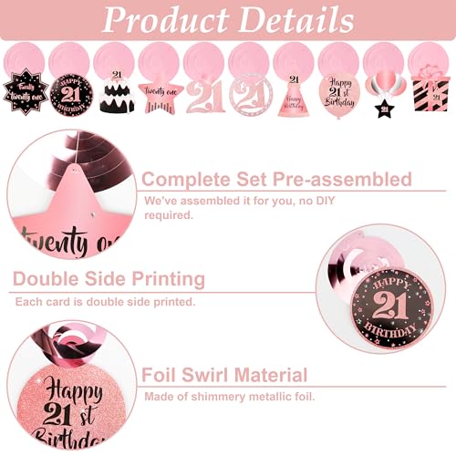 Image of 21st Birthday Decorations Pre Assembled Rose Gold 21st Birthday Decorations for Her Banner Hanging Swirls for Girls Party Supplies