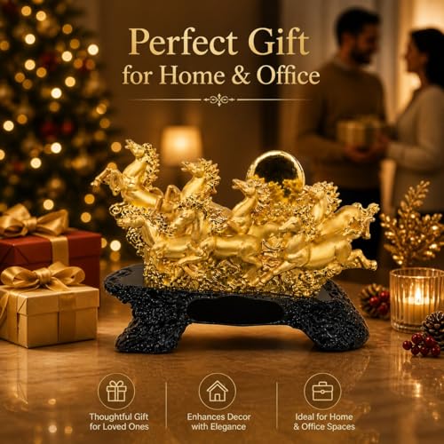 Image of Armonia Premium 7 Running Horses Statue for Home & Office Decor | Feng Shui & Vastu Showpiece |Polystone Golden Finish |11.81 x 8.66Inch| Lucky Wealth & Success | Figurine for Living Room,Hall & Shelf