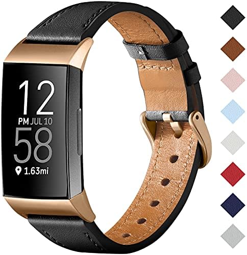 CeMiKa Strap Compatible with Fitbit Charge 4 Strap/Fitbit Charge 3 Strap, Genuine Leather Strap Replacement Wristband for Charge 3/Charge 4 Tracker, Women Men