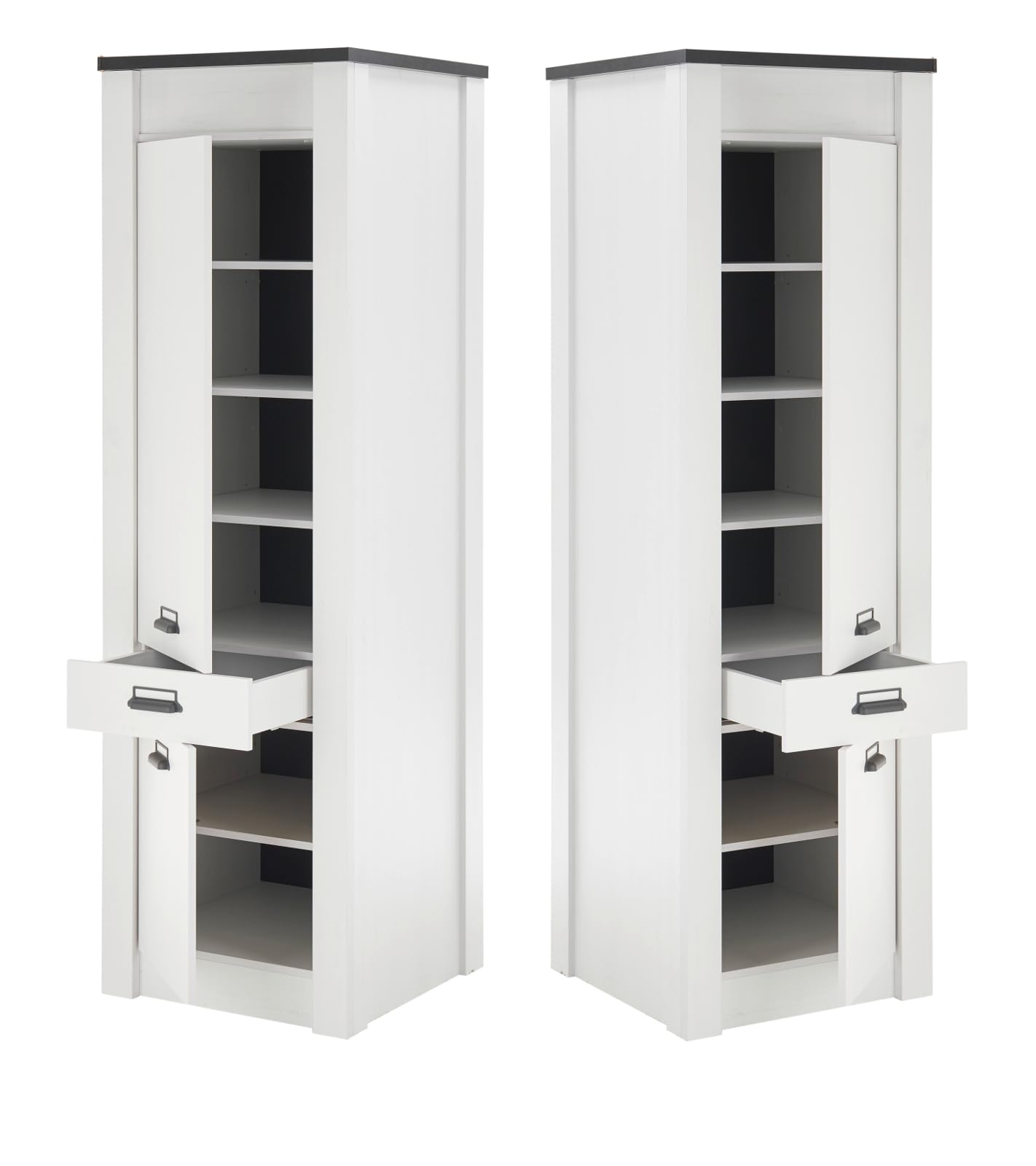 Küche mit Theke komplett Set in weiß Pinie und schwarz/anthrazit Küchenschrank 6 teilig komplette Küche im Industrial Design Stove (Set 1)