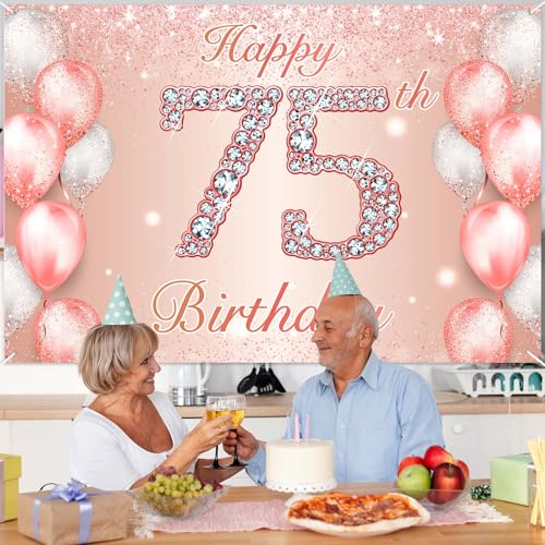 Image of Happy 75th Birthday Rose Gold Banner Cheers to 75 Years Old Backdrop Confetti Balloons Theme Decor for Women 75 Years Old Pink Birthday Party Decorations Bday Supplies Background Favors Gift Glitter