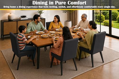 Image of Rosebell 6 Seater Dining Table Set with Cushioned Chairs | Modern Dining Table for Home, Dining Room & Kitchen | Black Metal Legs | Black