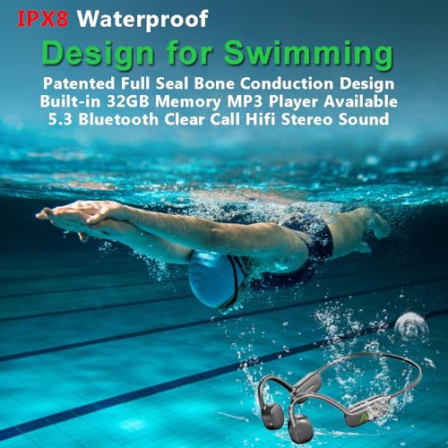Image of AYI Professional Swim Headphones True Bone Conduction Open Ear Headset MP3 Player Built-in 32G Memory IP68 Underwater Waterproof Bluetooth Earphone for Driving Bicycling Running Skiing-CS05 Black