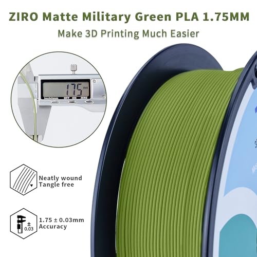 Image of ZIRO Matte PLA Filament 1.75mm, Pure Color No-Shine 3D Printer Filament, High Toughness 3D Printing Material, Dimensional Accuracy + /- 0.03mm, Military Green(Matte) | Fit for Most FDM 3D Printer, 1.75mm 1KG Spool, Dimensional Accuracy + /-0.03mm, Colorful PLA FilamenT
