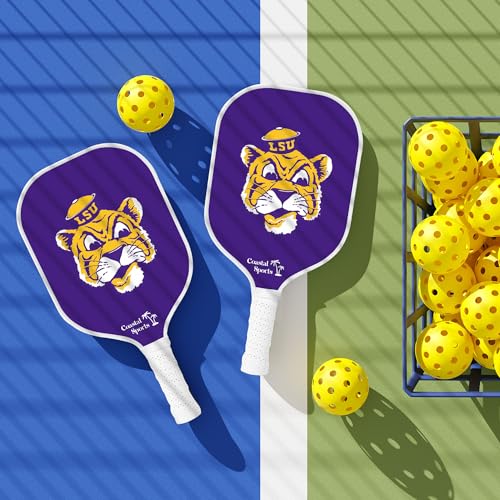 Image of LSU Pickleball Paddle | Officially Licensed Collegiate Pickleball Paddle | Honeycomb Polymer Core | Graphite Face | Premium Leather Grip | Lightweight