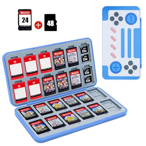 Image of FYY Nintendo Switch Game Case Holder for Switch 2 Cartridge Case with 24 Game Card Slots & 48 Micro SD Card Slots, Hard Shell, Silicone Lining Light Blue Gamepad Pattern