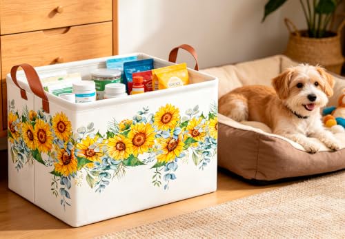 Image of CLOCOR Rectangular Storage Basket Empty,Gift Basket,Waterproof Storage Bin with Handles,Room Decor(Sunflower Rope)