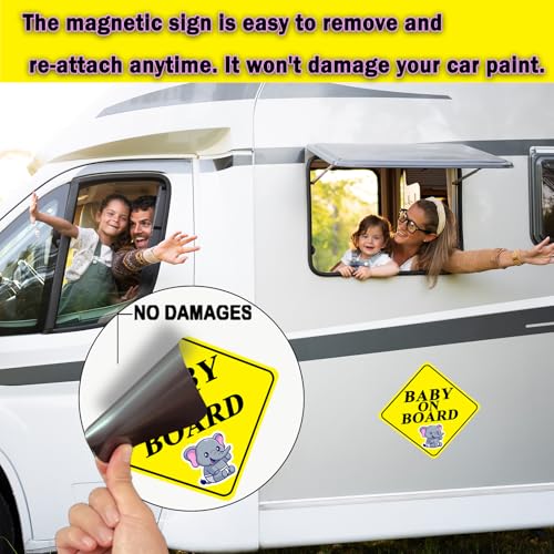 Image of 2 Pack Baby on Board Magnet for Car, Magnetic Safety Sign with Reflective, Strong Car Magnet Sticker, Waterproof Baby in Car Sign for Dad Mom, Easy to Attach and Remove 4.7 Inch(Yellow - 2 Pack)