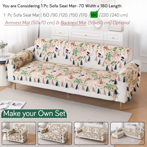 Image of HOKIPO Printed Holland Velvet Sofa Cover with Tassel for 1 /2 /3 Seater & L Shape Sofa | Make Your Own Set, 'Whispers of Nature' Sofa Mat, 70(W) x 180(L) cm, Beige Woodland Bloom (IN-1122-D4)