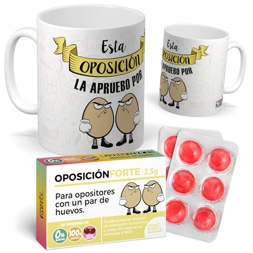 Pack Regalo Opositores Original| Taza Divertida “Esta Oposición La Apruebo Por Huevos” + Caramelos De Broma Oposiciónforte| Detalle Gracioso Y Motivador Para Estudiantes Y Funcionarios En Preparación