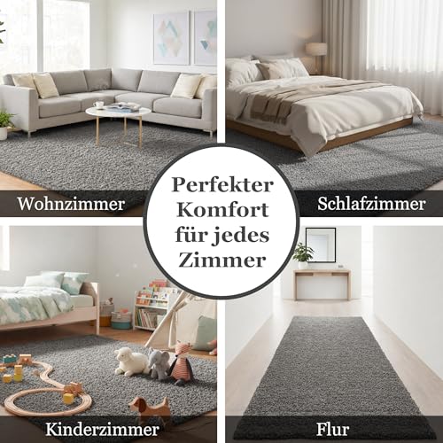 Taracarpet Shaggy Teppich Wohnzimmer Venezia Hochflor Langflor Teppiche modern Anthrazit 060x090 cm