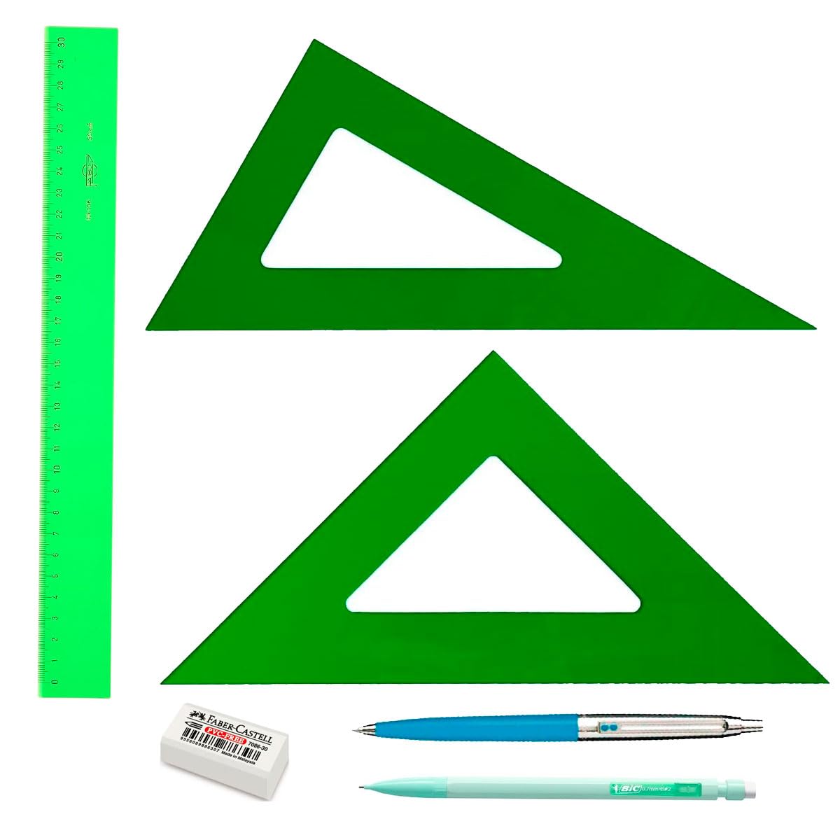 LOTE Faibo Técnico Regla verde 30 Cm GRADUADA + Escuadra Verde 30 Cm + Cartabón 30 Cm + REGALO portaminas 0,7mm + Bolígrafo INOXCROM + Goma de borrar