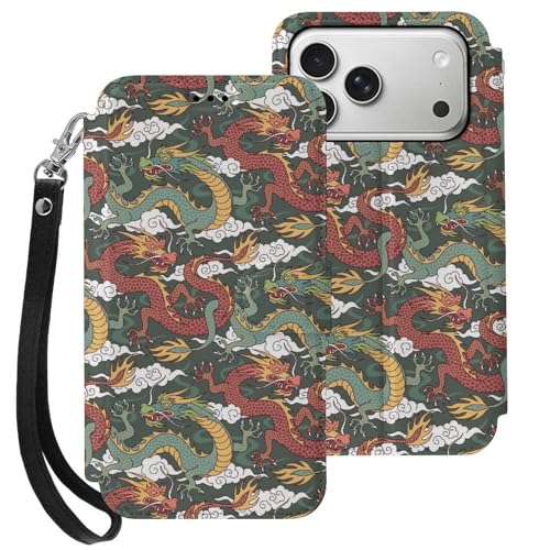 iPhone17 Pro用ケース 龍 和風 ドラゴン柄 アイフォン17 Pro用ケース 手帳型 財布型 PUレザー おしゃれ スマホケース カード収納 スタンド機能 ワイヤレス充電対応 兼用ケース 贈り物