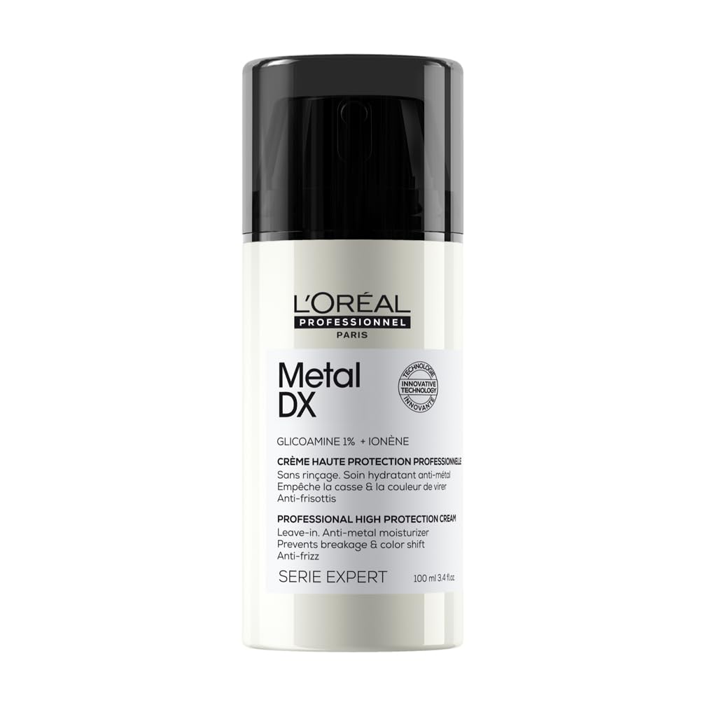 L'Oréal Professionnel Leave-In Creme für alle Haartypen, Anti-Haarbruch, Anti- Frizz, Mit UV-Filter und Hitzeschutz, Feuchtigkeitsspendend, Serie Expert, Metal DX High Protection Cream, 100ml