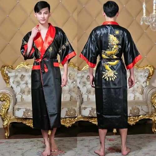 Mens Silk Kimono Robe Reversible Silk Bathrobes Chinese Dragon Kimono For Men with Belt4