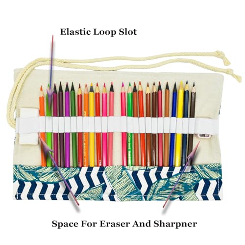 Image of Palm Leaves Canvas Pencil Wrap Case Colored Roll Up Holders Coloring Pencil Organizers for Artist Adult Travel Sketch Storage With 48 Slots(Selva)