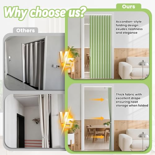 Image of AJAZZ Blackout Accordion Doors with Curtain Rods Adjustable 28-63 inch Long Magnetic Door Curtain for Bedroom Living Room Doorway Curtain Sets (1 Pack, 72 W x 78 L, Green)