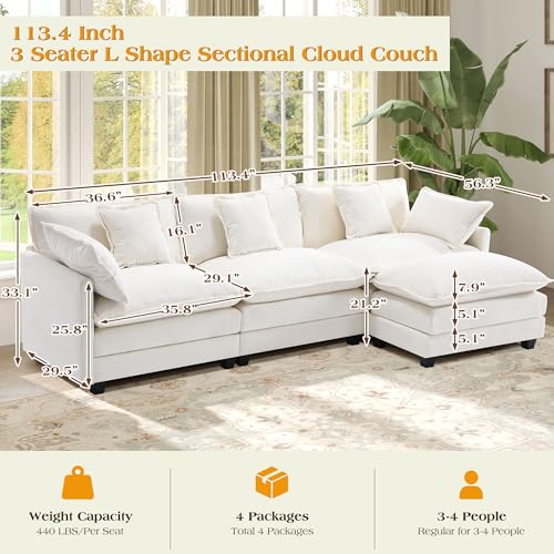 Image of 113.4 inch Modular Sectional Sofa,L Shaped Couch for Living Room,Modern Deep Seat Sofa 3 Seater Chenille Fabric Comfy Cloud Couches with Throw Pillows & Movable Ottoman