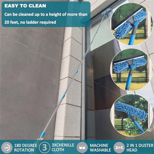 Image of 20+ Feet Reach Blue 2 in 1 Window Washing Squeegee & Duster with 3-14 ft Spliceable Extension Pole / / Window Cleaning Tool & Window Washer Squeegee for Home Indoor Outdoor Window Washing