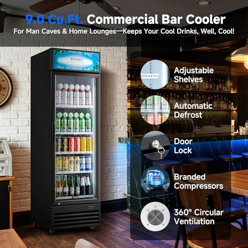 Image of BODEGA COOLER 9 Cu. Ft Commercial Merchandiser Refrigerator with Glass Door & LED Light | Energy-Saving Beverage Display refrigerator, 32F-50F Temp, 4 Adjustable Shelves, Lock for Office /Bar /Kitchen
