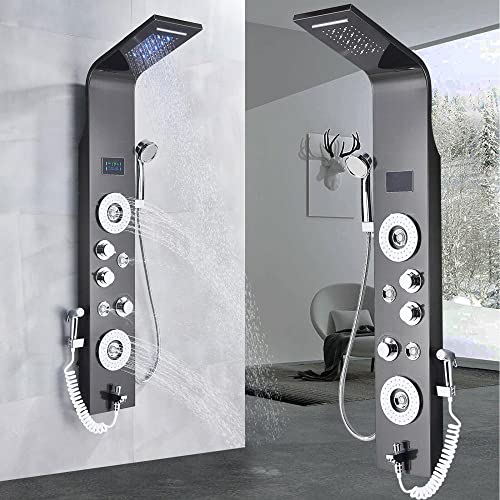 Columna de Ducha Negro con Panel LED, Cascada y Masaje Corporal, Sistema Torre de Ducha con Chorro Lluvia y Catarata miniatura 2