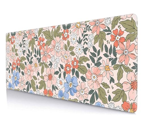 Sxckang Alfombrilla de escritorio con diseño floral rosa y azul, XL, hojas verdes, con base de goma antideslizante con borde cosido, alfombrilla de mouse grande para mujeres, oficina de jugadoras,