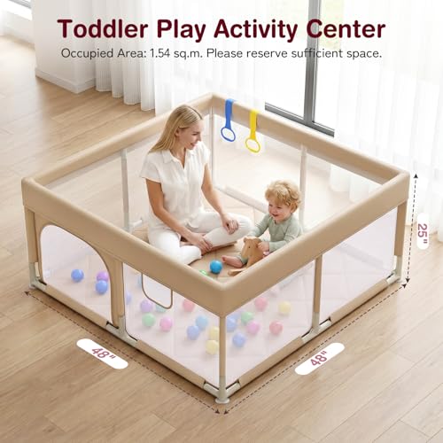 Image of Kidirect Baby Playpen with Play Mat 47x47 - Small Playpen for Babies & Toddlers, Activity Center, Indoor Outdoor, Beige