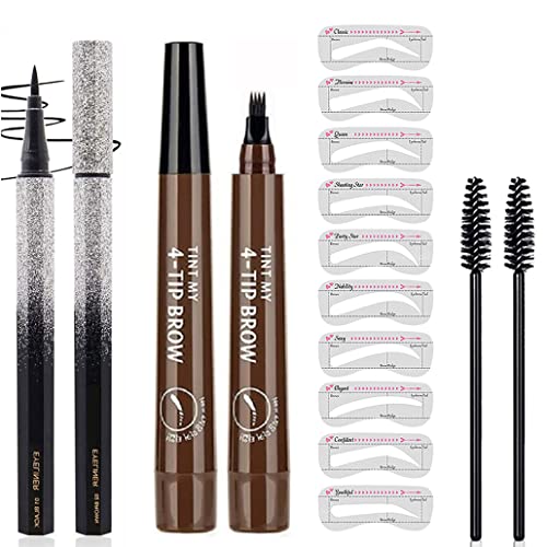 Eyebrow Tattoo Pencil, Eyeliner Pencil with Eyebrow Powder Long Lasting Waterproof and Smudgeproof with 10 Reusable Eyebrow Stencil 3pcs (Dark Brown/Black)