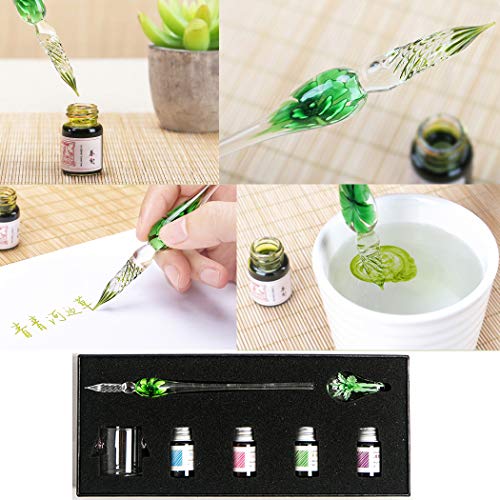 Sipliv Crystal Glass Intarsia Dip Pen Fountain Pen Kit Vintage Calligraphy Signatures Pen With 4 Colors Ink, Pen Holder, Cleaning Cup, Green #TOP5
