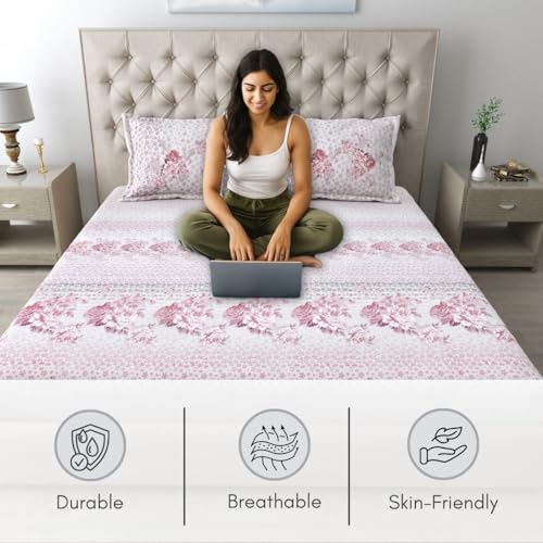 Image of Mafatlal 186 TC Spring Glory Cotton Bedsheet King Size | 108 x 108 Inches | Breathable Summer Sheets for Sleeping Comfort | Pure Cotton Bedding with 2 Pillow Covers | Cherry Pink