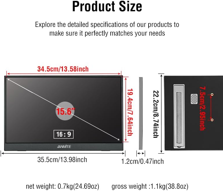 Portable Monitor 15.6 Inch Computer Gaming Metal Enclosure Mobile External Display for Laptop Xbox PS4 Phone with Speakers Type-C USB-C HDMI IPS FHD 1080P LED Screen (15.6"Touch Screen Version)