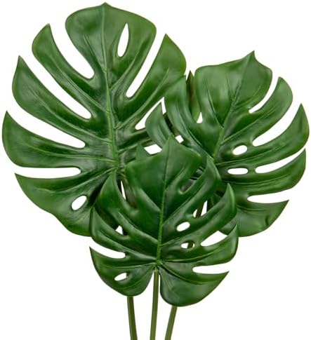 Oairse 3 Pcs Artificial Large Monstera Leaves with Long Stem for Vase Fake Tropical Plants Plastic Palm Leaves Realistic Turtle Philo Leaves for Home Wedding Decoration