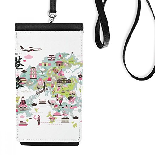 Sac téléphone noir suspendu en faux cuir motif carte de Hong Kong Chine
