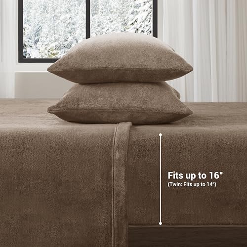 Image of True North by Sleep Philosophy Plush Sheet Set Full, Solid Color, Warm & Soft Bedding Full Size Sheets, Fitted Pocket Fits Up to 16 inch Mattress, Soloft, Full, Brown, 4 Piece