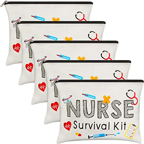 5 Pieces Nurse Makeup Bags, Funny Travel Cosmetic Pouch Nurse Gift for Women, Nursing Student, Nurse Practitioner, Nursing School Supplies Christmas Gifts Toiletry Bag (Nurse Survival Kit)