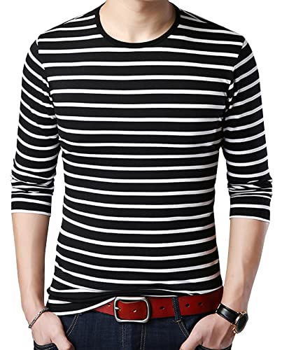 SHUIANGRAN Men's Striped T-Shirt Black and White Long Sleeve Casual Pullover Crew Neck Cotton Shirts 8828 Black US M