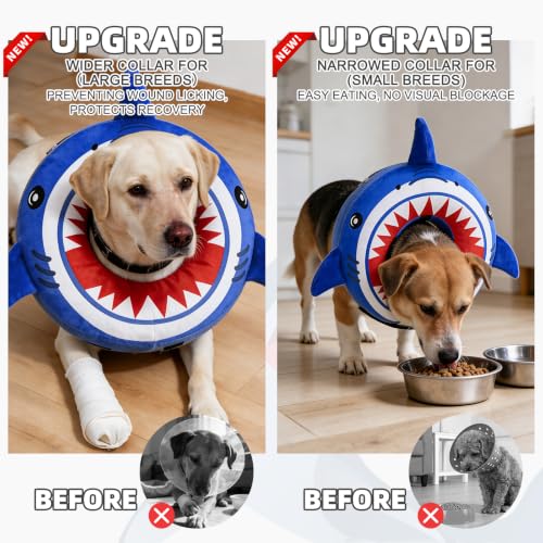 Image of KOOLTAIL Inflatable Dog Cone Collar, Soft Donut E Collar for Dogs After Surgery to Stop Licking Enhanced Alternative, Blow Up Pet Neck Pillow Recovery Adjustable Cone for Dog Cat, Shark L