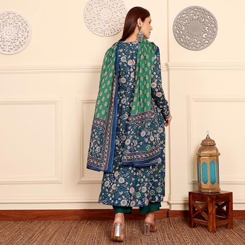 Image of ANNI Designer | Rayon Anarkali Printed Kurta with Pant & Dupatta | Women's Kurta Set with Dupatta Ethnic Suit | Cotton Anarkali Style Kurti Set
